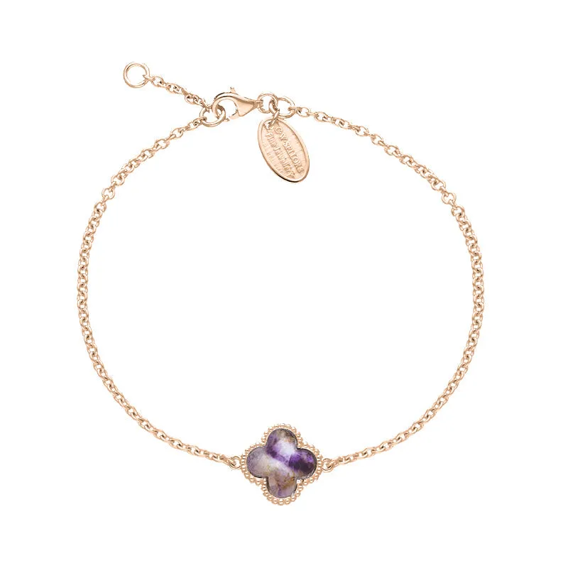 18ct Rose Gold Blue John bloom Four Leaf Clover Ball Edge Chain Bracelet