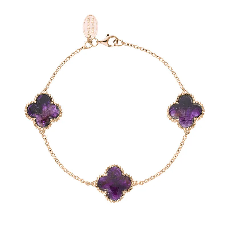18ct Rose Gold Blue John bloom Four Leaf Clover Ball Edge Chain Bracelet