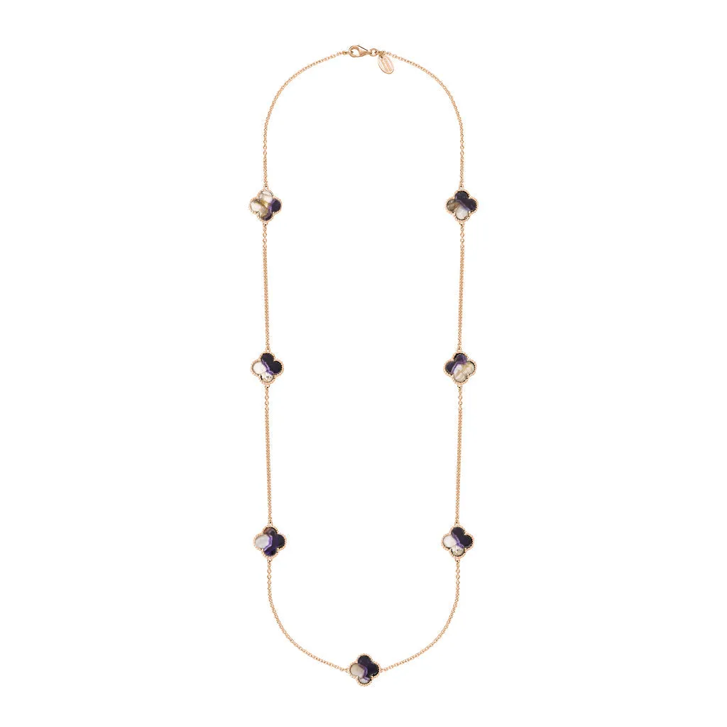 18ct Rose Gold Blue John bloom Four Leaf Clover Ball Edge Long Necklace