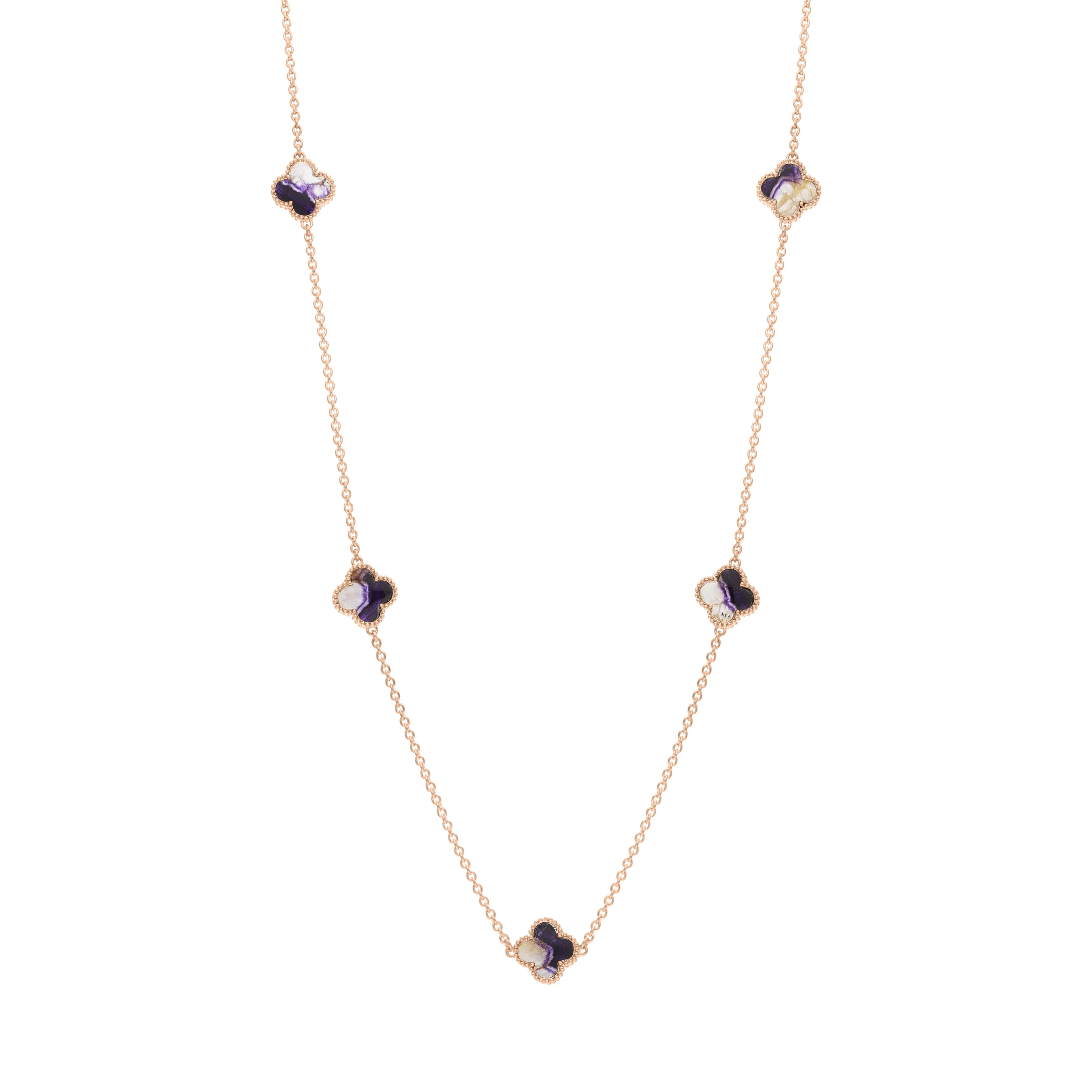 18ct Rose Gold Blue John bloom Four Leaf Clover Ball Edge Necklace