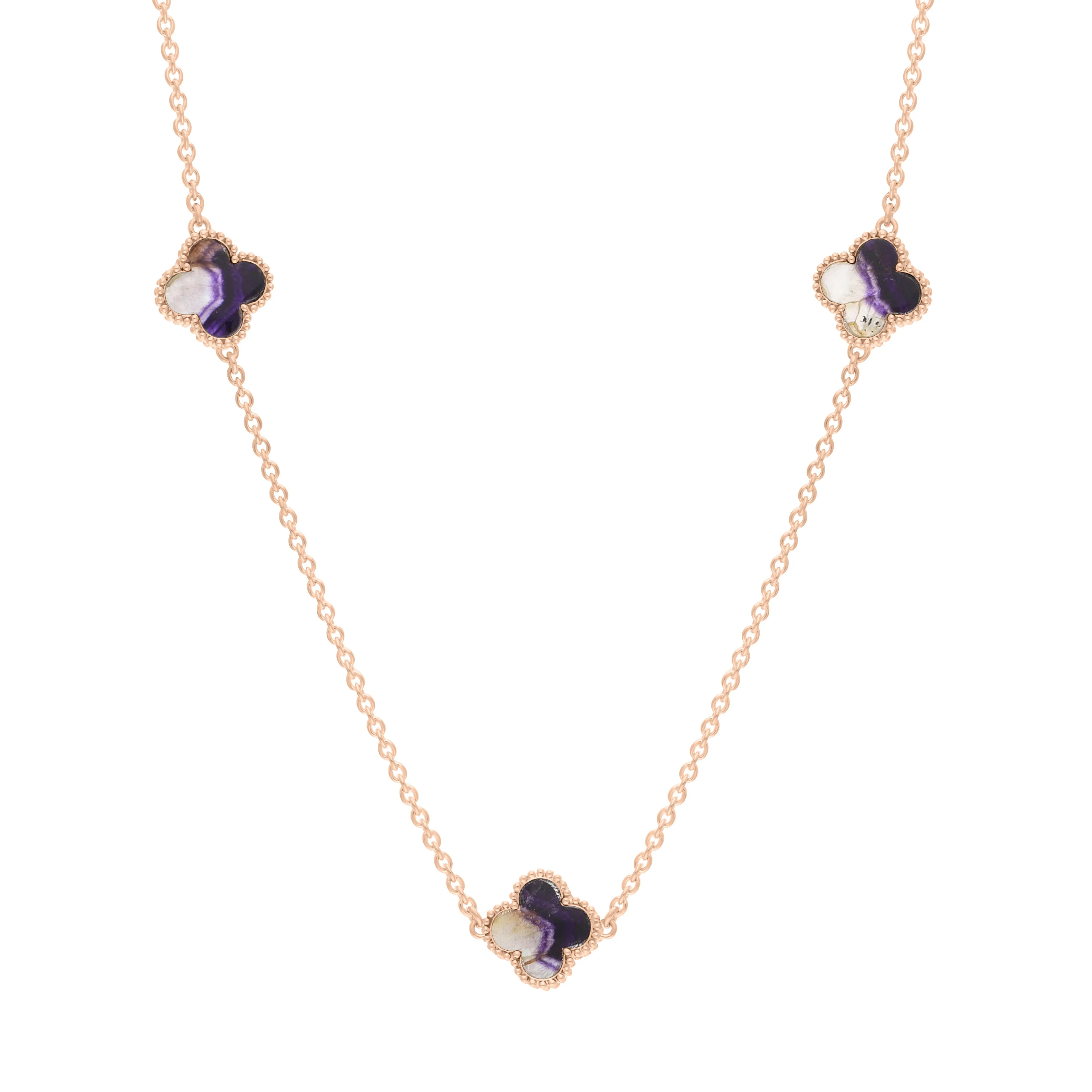 18ct Rose Gold Blue John bloom Four Leaf Clover Ball Edge Necklace