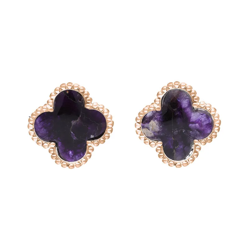 18ct Rose Gold Blue John bloom Four Leaf Clover Ball Edge Stud Earrings