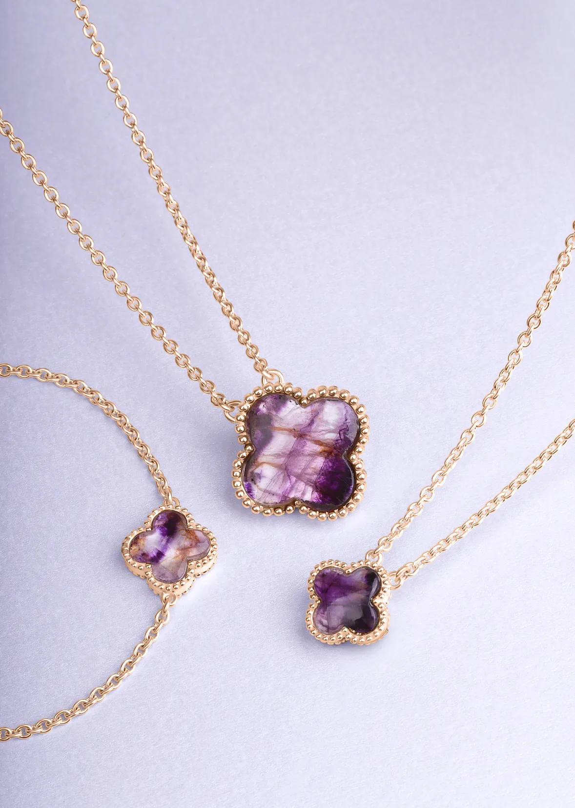 18ct Rose Gold Blue John bloom Large Four Leaf Clover Ball Edge Chain Necklet