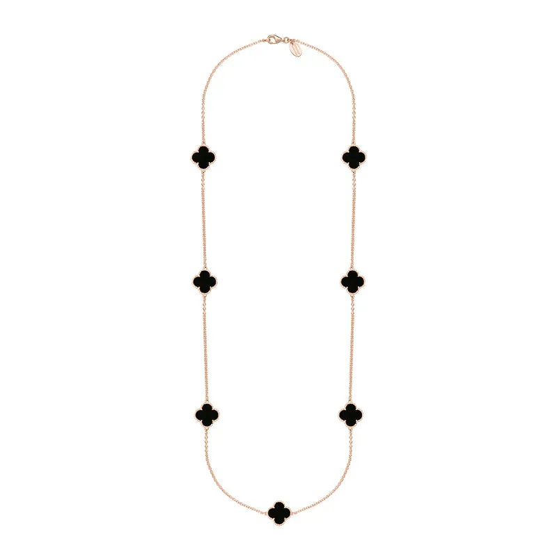 18ct Rose Gold Whitby Jet Bloom Four Leaf Clover Ball Edge Long Necklace