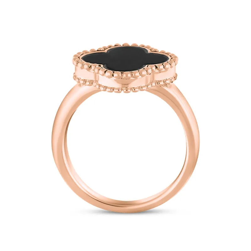 18ct Rose Gold Whitby Jet Bloom Four Leaf Clover Ball Edge Ring