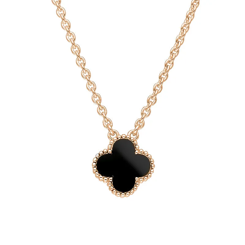 18ct Rose Gold Whitby Jet Bloom Small Four Leaf Clover Ball Edge Chain Necklace
