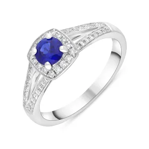 18ct White Gold 0.50ct Sapphire 0.25ct Diamond Cushion Cut Cluster Ring