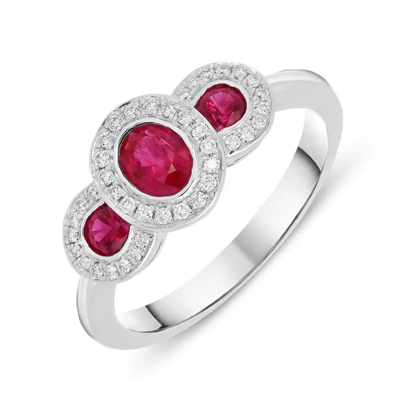 18ct White Gold 0.67ct Ruby Diamond Trilogy Cluster Ring