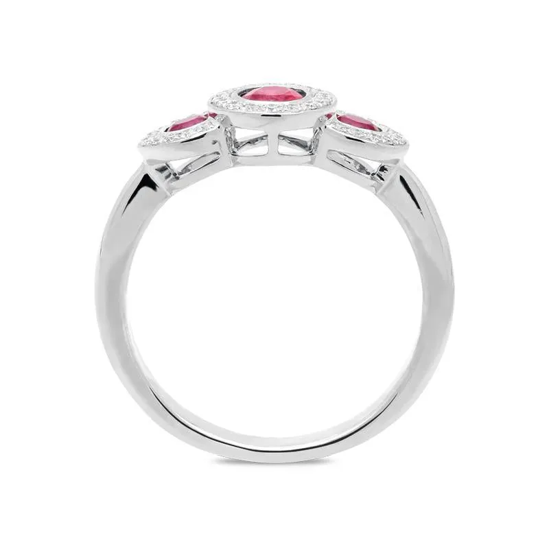 18ct White Gold 0.67ct Ruby Diamond Trilogy Cluster Ring