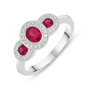 18ct White Gold 0.67ct Ruby Diamond Trilogy Cluster Ring