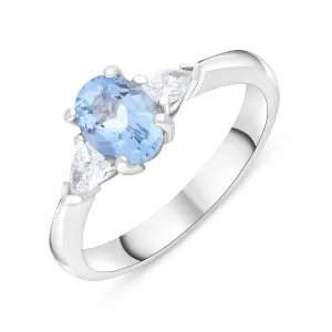 18ct White Gold 0.72ct Aquamarine 0.22ct Diamond Three Stone Ring