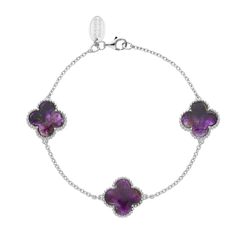 18ct White Gold Blue John bloom Four Leaf Clover Ball Edge Chain Bracelet