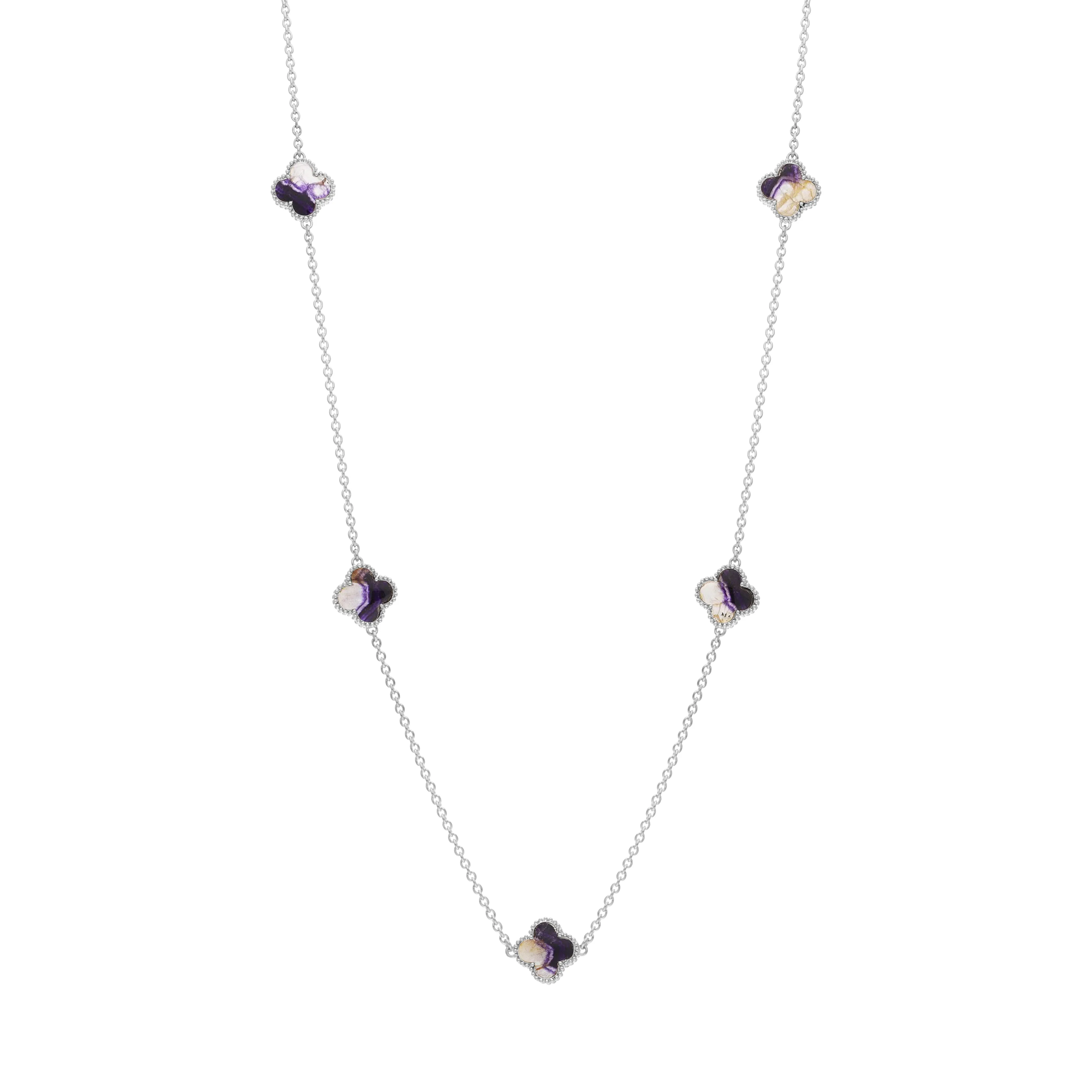 18ct White Gold Blue John bloom Four Leaf Clover Ball Edge Necklace