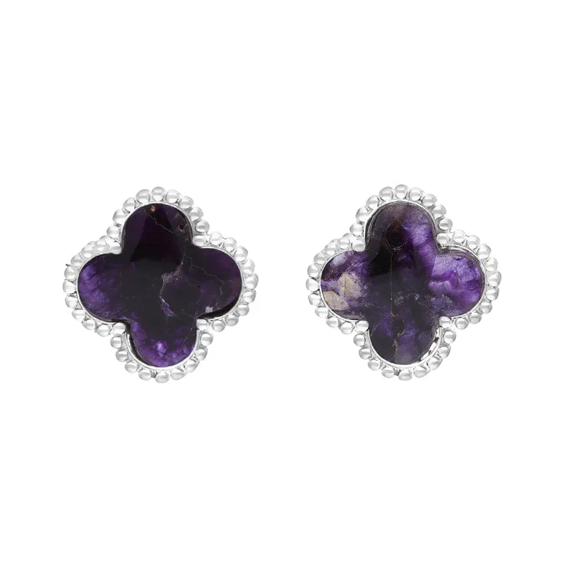 18ct White Gold Blue John bloom Four Leaf Clover Ball Edge Stud Earrings