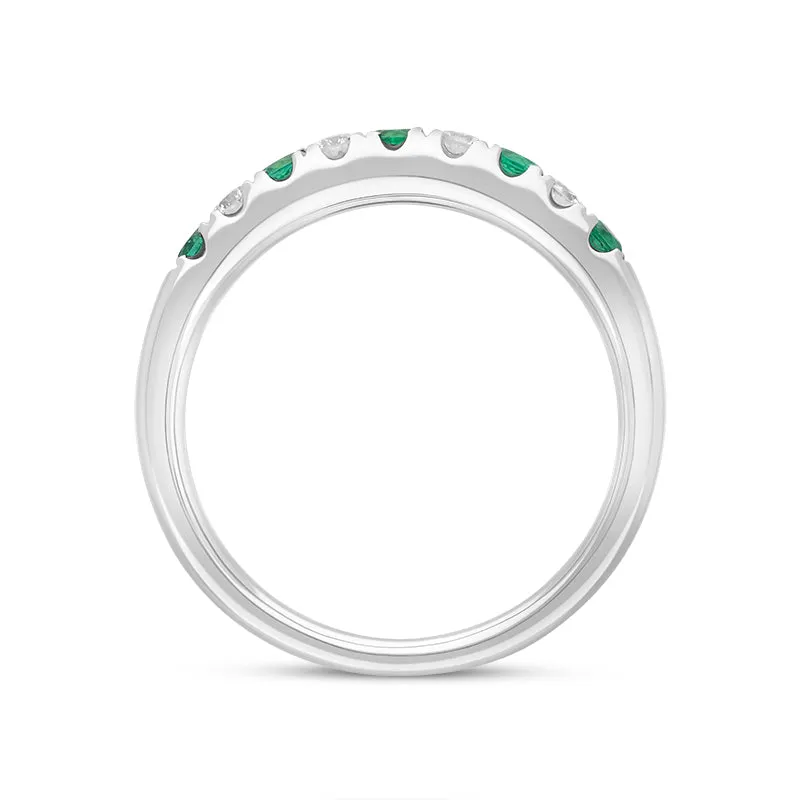18ct White Gold Emerald Diamond Castle Set Half Eternity Ring