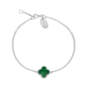 18ct White Gold Malachite Bloom Four Leaf Clover Ball Edge Chain Bracelet