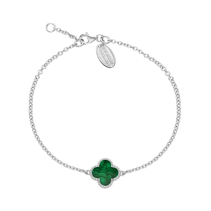 18ct White Gold Malachite Bloom Four Leaf Clover Ball Edge Chain Bracelet