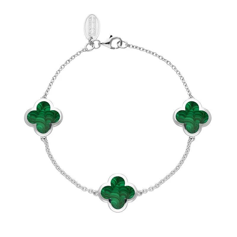 18ct White Gold Malachite Bloom Four Leaf Clover Chain Bracelet
