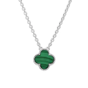 18ct White Gold Malachite Bloom Small Four Leaf Clover Ball Edge Chain Necklace