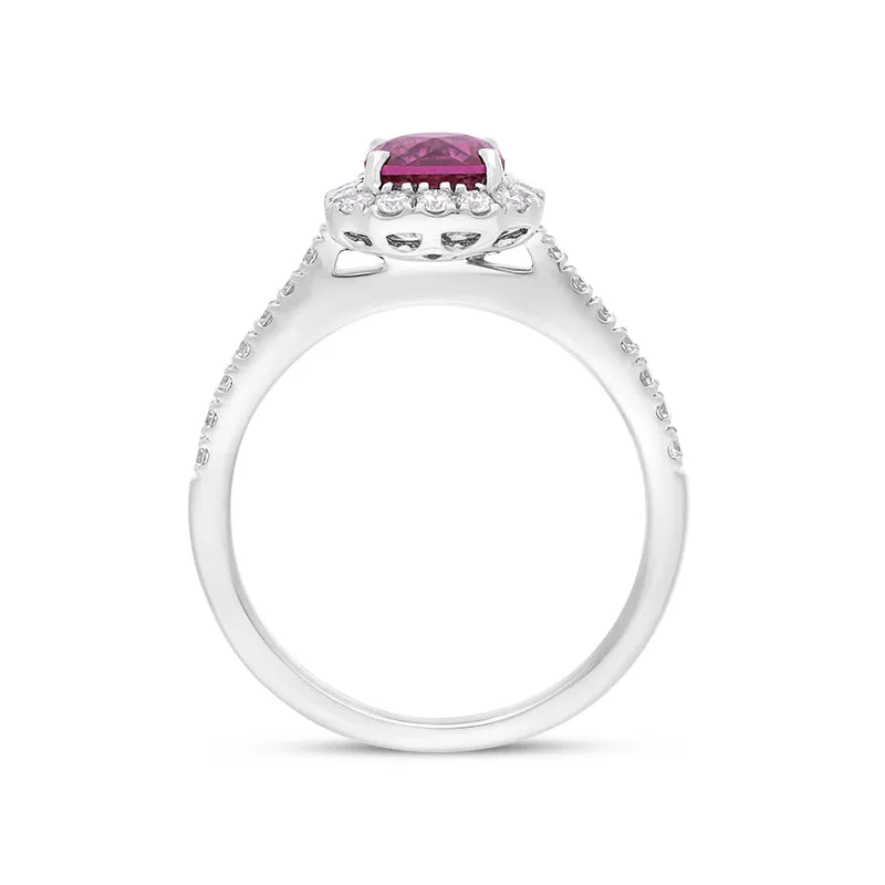 18ct White Gold Pink Tourmaline Diamond Shoulder Set Cushion Cluster Ring