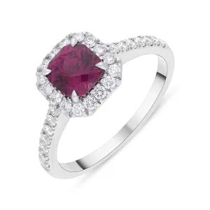 18ct White Gold Pink Tourmaline Diamond Shoulder Set Cushion Cluster Ring
