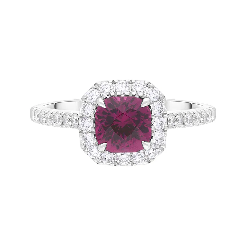18ct White Gold Pink Tourmaline Diamond Shoulder Set Cushion Cluster Ring