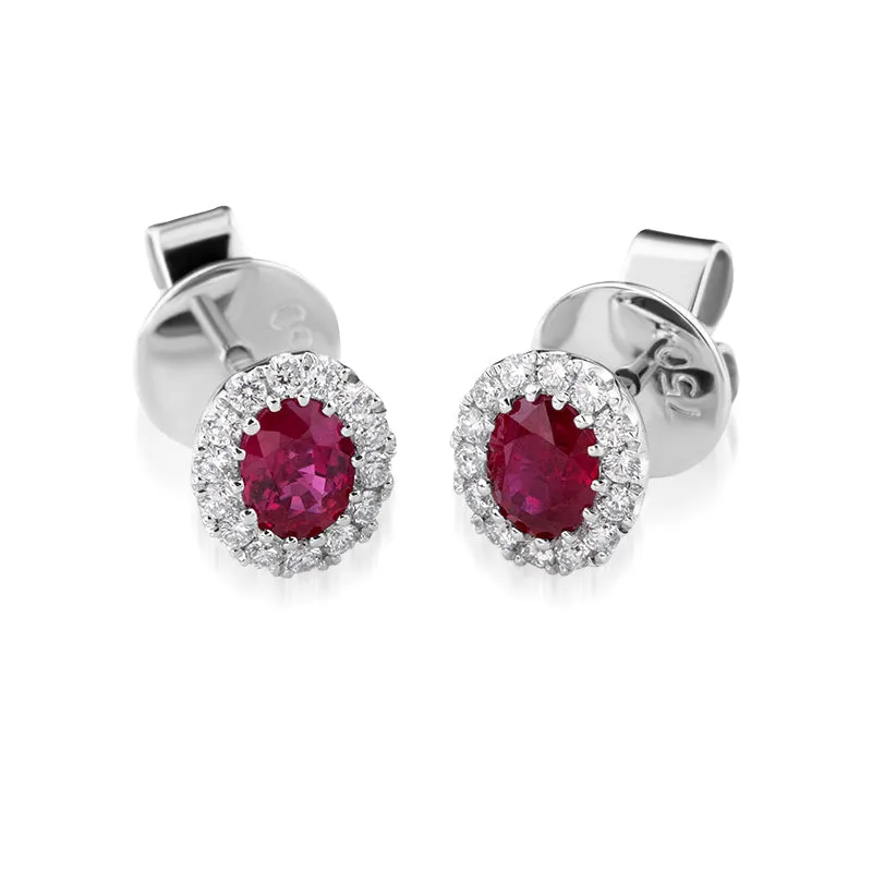 18ct White Gold Ruby Diamond Cluster Oval Stud Earrings