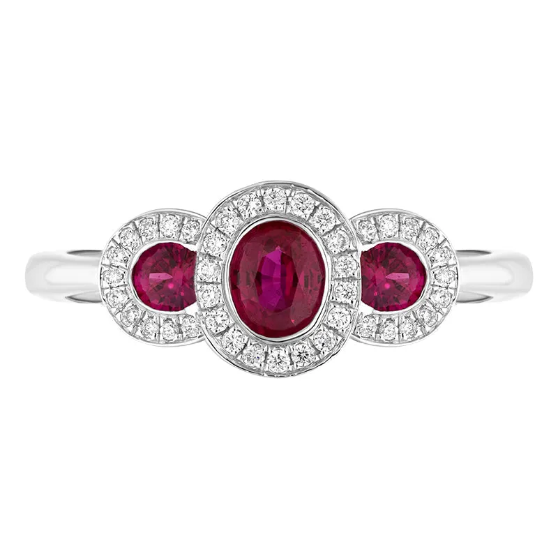 18ct White Gold Ruby Diamond Pave Oval Cluster Ring