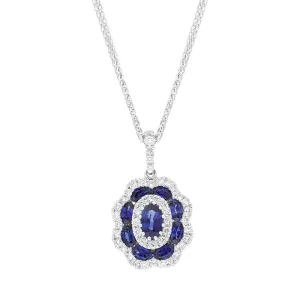 18ct White Gold Sapphire Diamond Cluster Oval Pendant