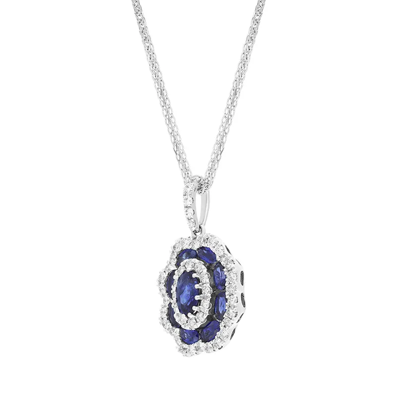 18ct White Gold Sapphire Diamond Cluster Oval Pendant