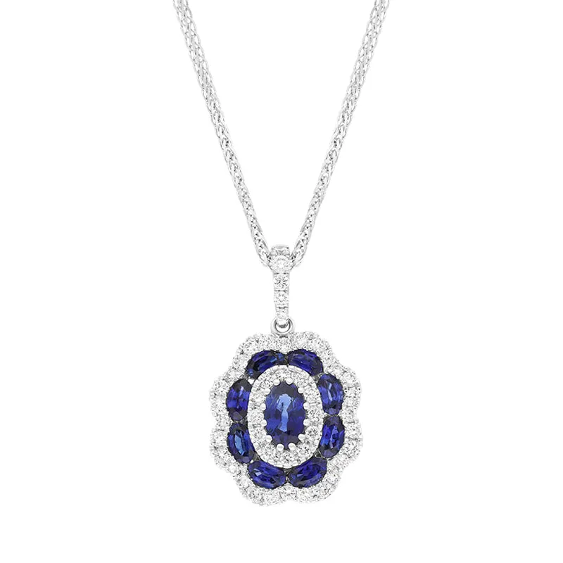 18ct White Gold Sapphire Diamond Cluster Oval Pendant