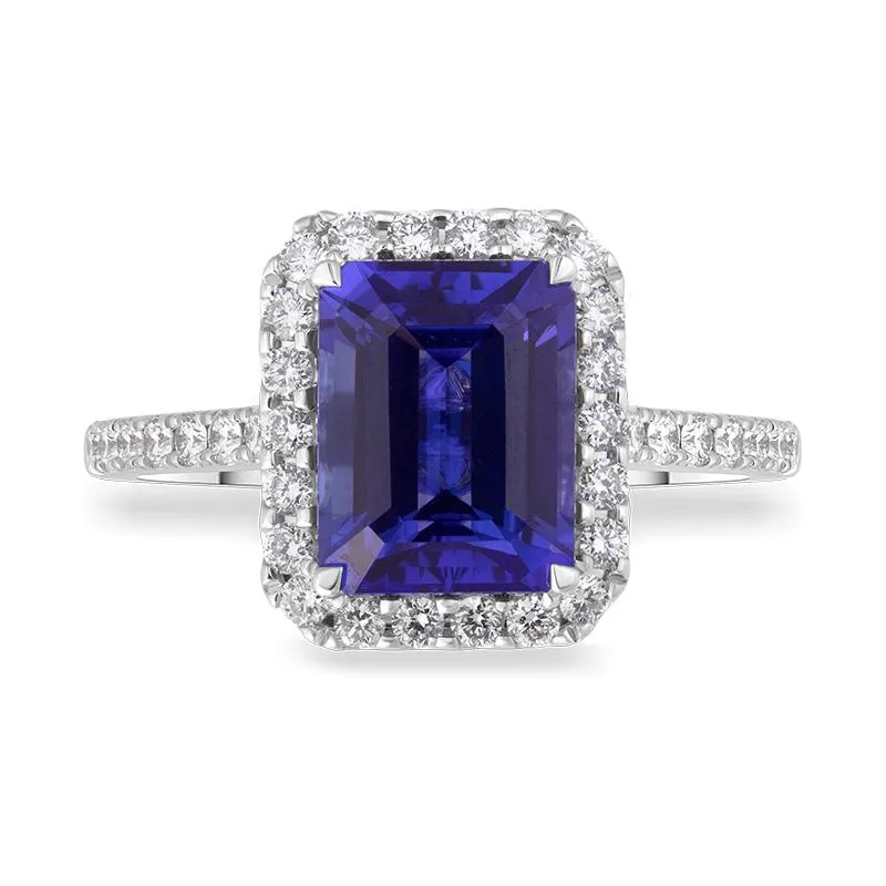 18ct White Gold Tanzanite Diamond Emerald Cut Cluster Ring
