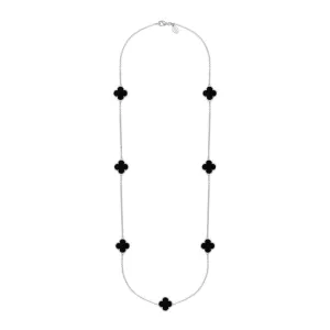 18ct White Gold Whitby Jet Bloom Four Leaf Clover Ball Edge Long Necklace