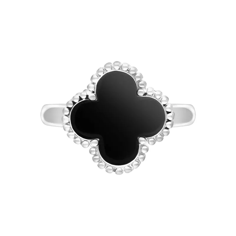 18ct White Gold Whitby Jet Bloom Four Leaf Clover Ball Edge Ring