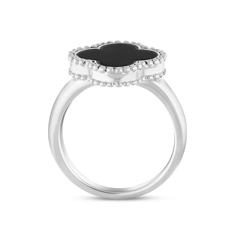 18ct White Gold Whitby Jet Bloom Four Leaf Clover Ball Edge Ring