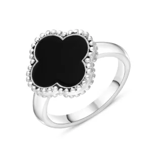 18ct White Gold Whitby Jet Bloom Four Leaf Clover Ball Edge Ring