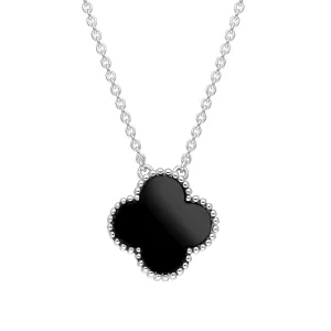 18ct White Gold Whitby Jet Bloom Large Four Leaf Clover Ball Edge Chain Necklet