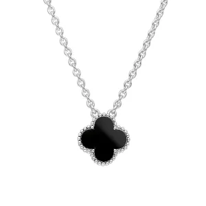 18ct White Gold Whitby Jet Bloom Small Four Leaf Clover Ball Edge Chain Necklace
