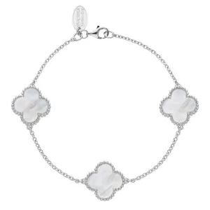 18ct White Gold White Mother of Pearl Bloom Four Leaf Clover Ball Edge Chain Bracelet