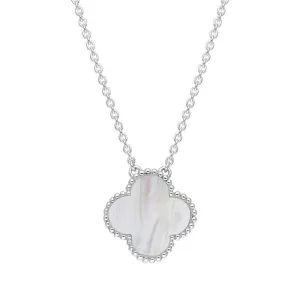 18ct White Gold White Mother of Pearl Bloom Large Four Leaf Clover Ball Edge Chain Necklet