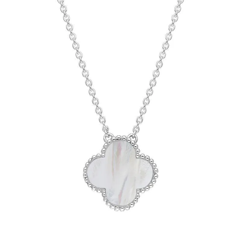 18ct White Gold White Mother of Pearl Bloom Large Four Leaf Clover Ball Edge Chain Necklet