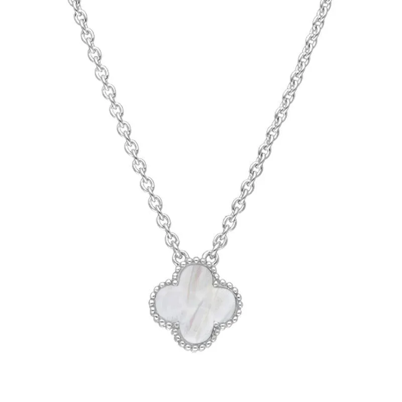 18ct White Gold White Mother of Pearl Bloom Small Four Leaf Clover Ball Edge Chain Necklet