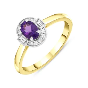 18ct Yellow Gold 0.63ct Amethyst Diamond Baguette Cut Halo Ring