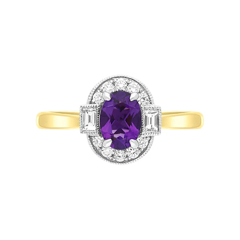 18ct Yellow Gold 0.63ct Amethyst Diamond Baguette Cut Halo Ring