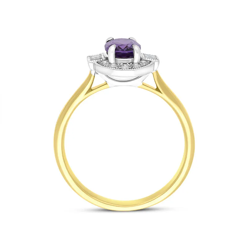 18ct Yellow Gold 0.63ct Amethyst Diamond Baguette Cut Halo Ring