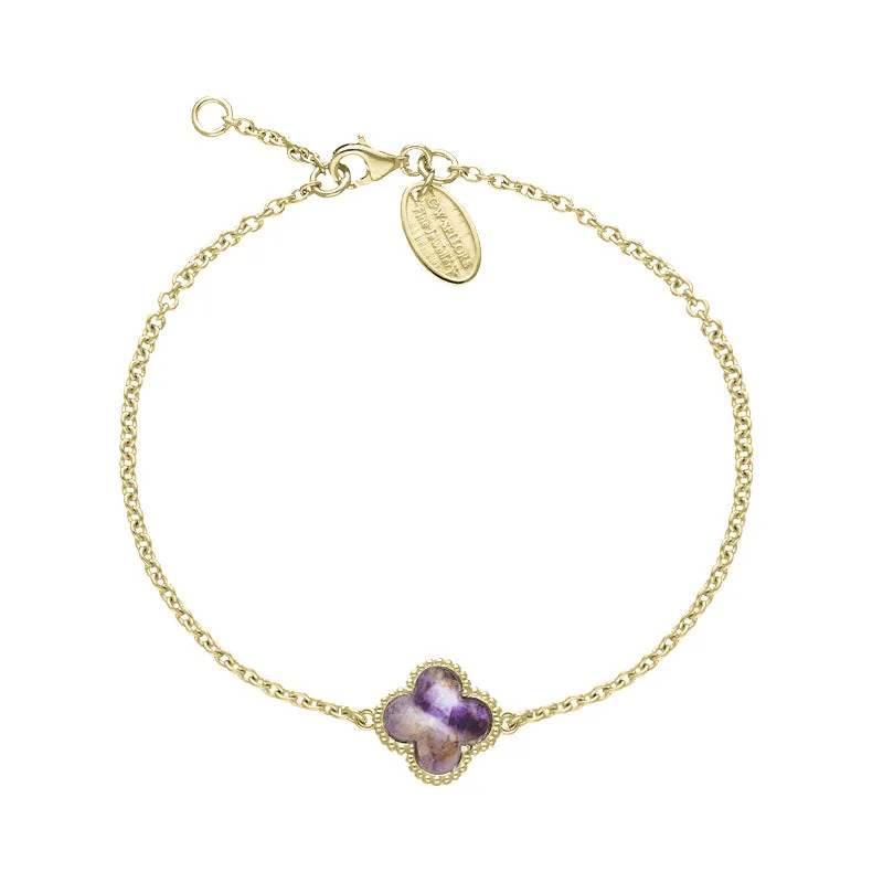 18ct Yellow Gold Blue John bloom Four Leaf Clover Ball Edge Chain Bracelet