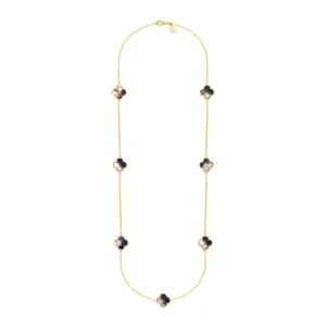 18ct Yellow Gold Blue John bloom Four Leaf Clover Ball Edge Long Necklace