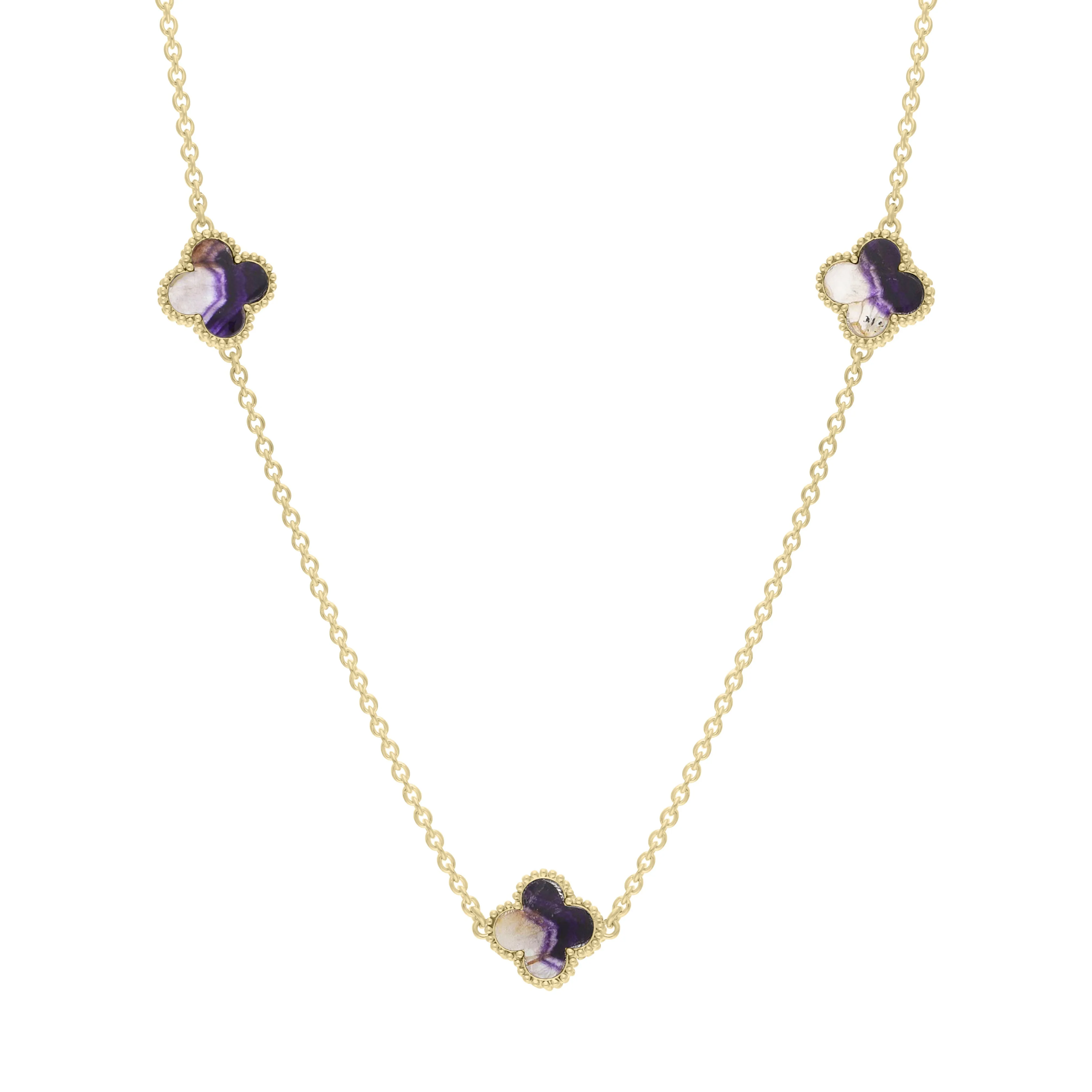 18ct Yellow Gold Blue John bloom Four Leaf Clover Ball Edge Necklace