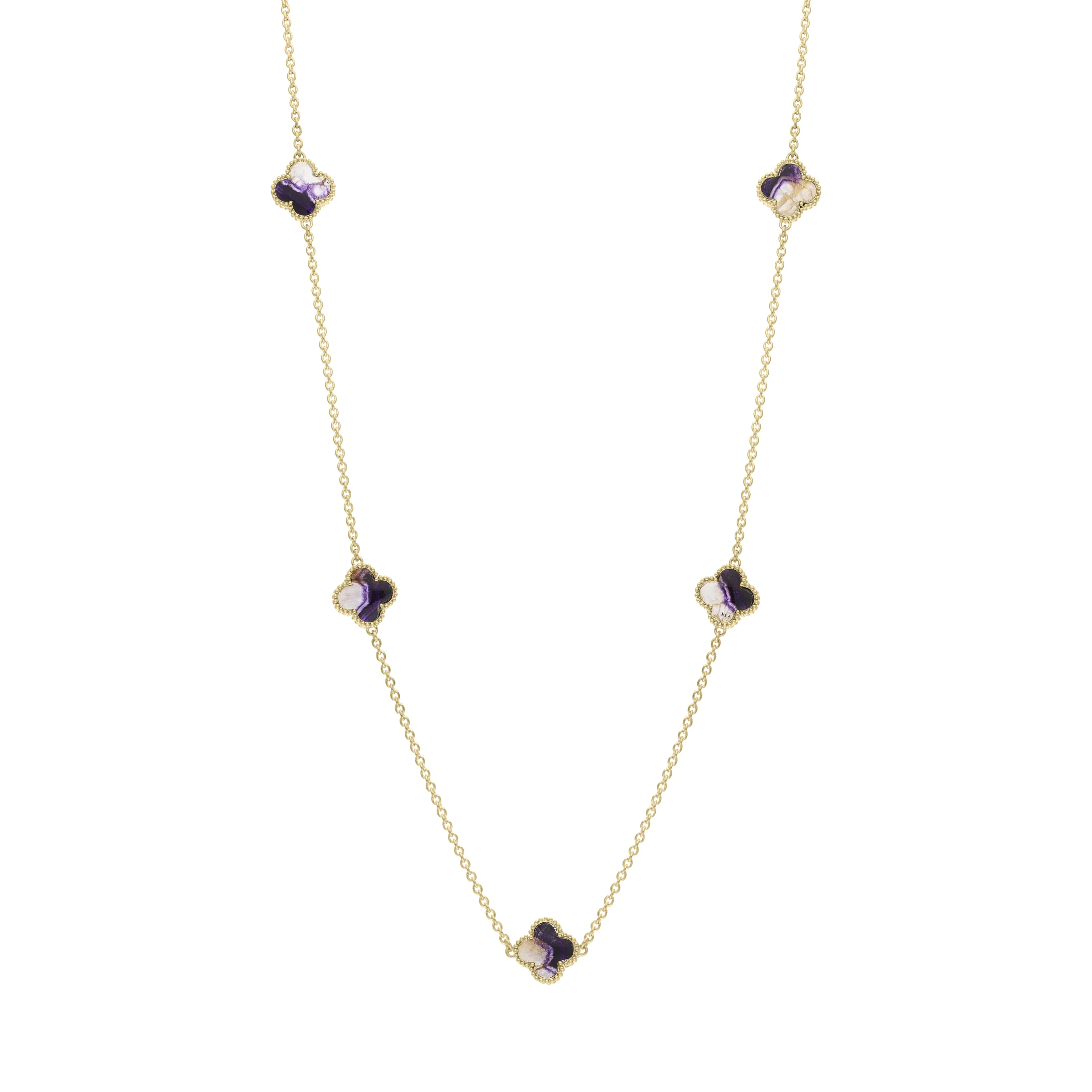 18ct Yellow Gold Blue John bloom Four Leaf Clover Ball Edge Necklace