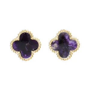 18ct Yellow Gold Blue John bloom Four Leaf Clover Ball Edge Stud Earrings